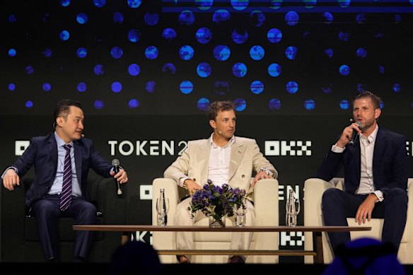 Trump Organisation executive VP Eric Trump, right, speaks as World Liberty Financial co-founder Zach Witkoff, centre, and TRON founder Justin Sun look on during a crypto event in Dubai earlier this month.