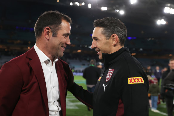 Cameron Smith and Billy Slater celebrating victory after winning game one of the 2022 State of Origin.