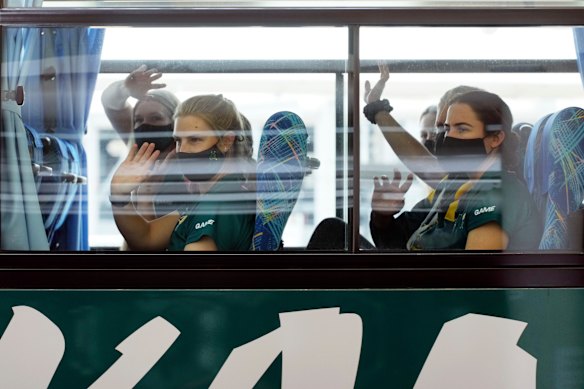 Members of Australia’s softball squad arrive in Tokyo.