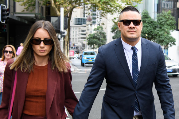 Jarryd Hayne arrives at court on Friday with his wife, Amellia Bonnici.