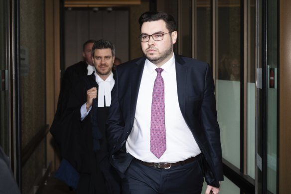 Bruce Lehrmann leaves court during the lunch break on Tuesday.