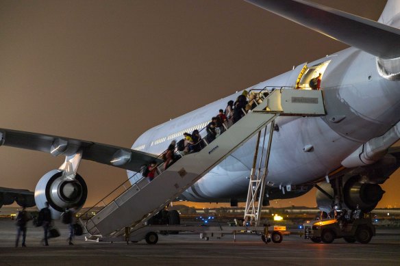 Afghanistan evacuees at Australia’s main operating base in the Middle East board a Royal Australian Air Force KC-30 aircraft bound for Australia.