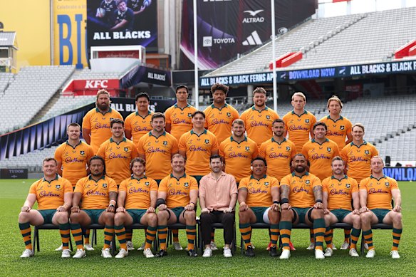 The Wallabies pose for their team photo ahead of their Eden Park clash with the All Blacks on Saturday.