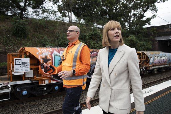Transport Minister Jo Haylen inspects maintenance work at Croydon station in Sydney’s inner west on Sunday.