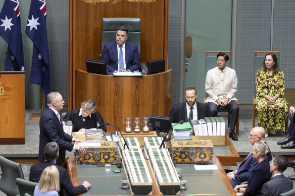 Philippine President Ferdinand Marcos jnr watches as Prime Minister Anthony Albanese speaks in parliament.