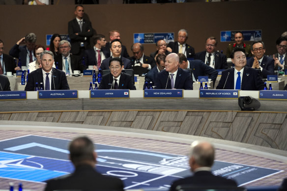 From left, Australia’s Deputy Prime Minister Richard Marles, Japan’s Prime Minister Fumio Kishida, New Zealand’s Prime Minister Christopher Luxon, and South Korea’s President Yoon Suk Yeol, attend a session of the NATO summit with Indo-Pacific Partners.