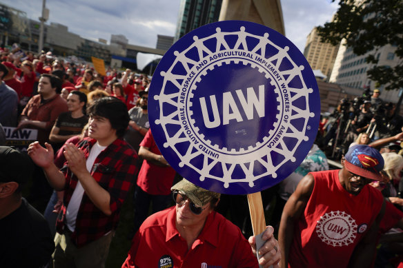 United Auto Workers members rally in Detroit.