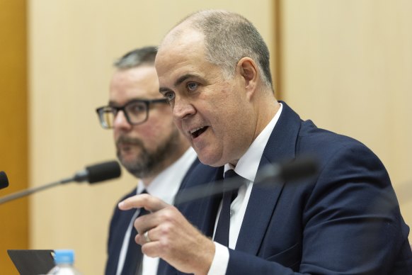 ABC Director News, Analysis and Investigations Justin Stevens (left) and ABC Managing Director David Anderson (right) during a Senate estimates hearing at Parliament House in Canberra last month.