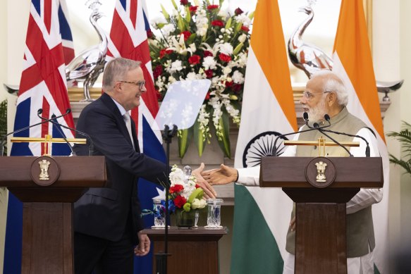 Prime Minister Anthony Albanese and India’s Prime Minister Narendra Modi delivering statements to the press at the leaders’ meeting in New Delhi.