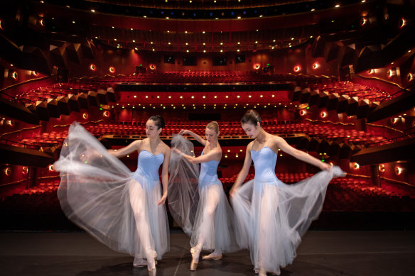 Lilly Maskery, Jacqueline Clark and Karina Arimura prepare for the  Australian Ballet’s return to the State Theatre for the first time in 20 months.