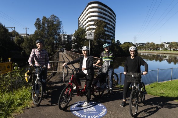 John Caley, Labor MP Jo Haylen, Head of Advocacy for Bicycle NSW Francis O’Neill and Carla Stacey at the Cooks River bikepath. 