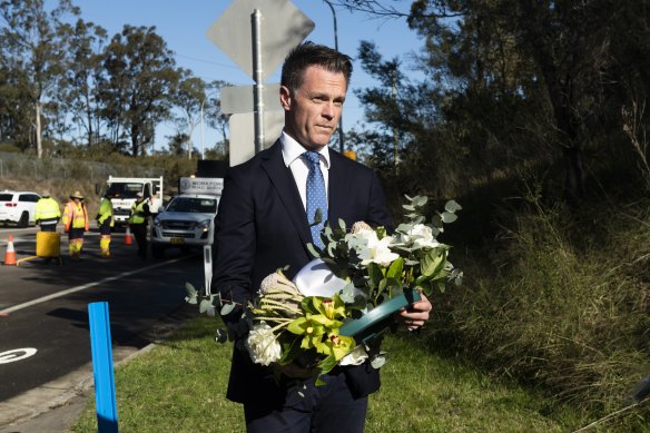 NSW Premier Chris Minns lays a wreath at the public memorial on Wednesday.
