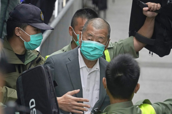 Jailed Jimmy Lai during a court appearance earlier this year. 