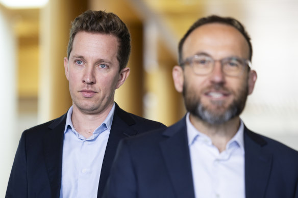 Max Chandler-Mather, Greens spokesperson for housing and homelessness, and Greens leader Adam Bandt.