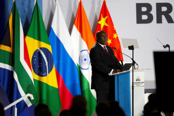 South African President Cyril Ramaphosa delivers his opening remarks at the BRICS summit in Johannesburg.