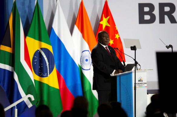 South African President Cyril Ramaphosa delivers his opening remarks at the BRICS Summit in Johannesburg. 