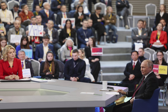 The stage-managed event was the first time Putin had taken questions at length since ordering the invasion of Ukraine in February 2022.