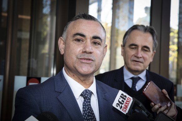 Former NSW Deputy Premier John Barilaro outside court after Google was ordered to pay him $715,000 in damages for defamation.