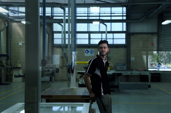 School based plumbing apprentice Alex Sweeney, 17, at CathWest Innovation College Loyola in Mount Druitt. 