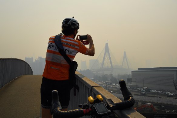 A smoky day near the Anzac Bridge in Sydney.