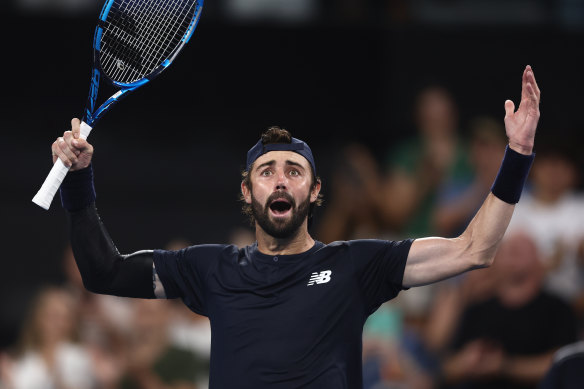 Jordan Thompson of Australia celebrates winning his match against Rafael Nadal.