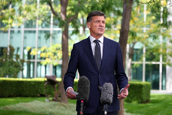 Opposition Leader Angus Taylor speaking during a press conference earlier today. 