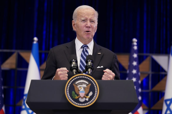 US President Joe Biden speaks in Tel Aviv after meeting Israeli Prime Minister Benjamin Netanyahu.