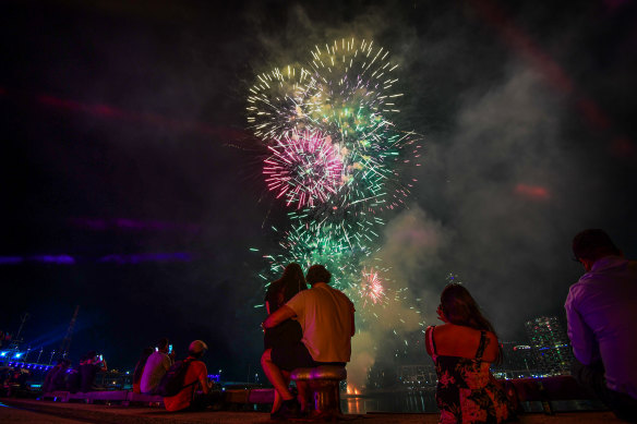 Melburnians at Docklands watch the fireworks that brought in 2022.