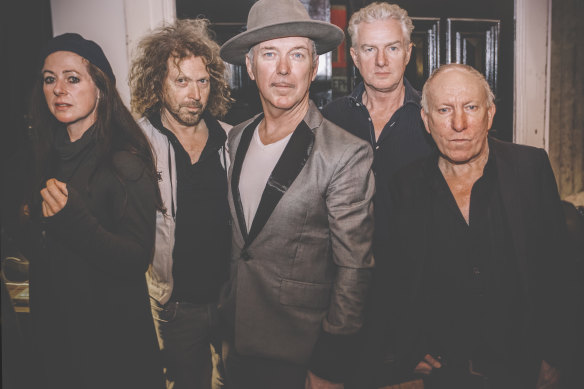 L-R Max Sharam, Kim Salmon, Dave Graney, Mick Harvey, Ron S. Peno, appearing in the Bowie in Berlin tribute show.