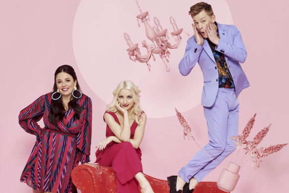 Kate Miller-Heidke, centre, will perform at Eurovision 2020: Big Night In!, hosted by Myf Warhurst and Joel Creasey.