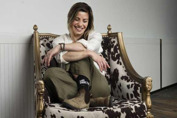 Brooke Satchwell wearing another pair of fine socks from the TV show Mr Inbetween. 