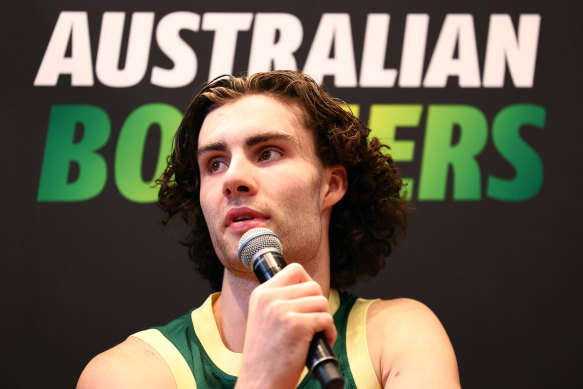 Australian Boomers star Josh Giddey speaks on Friday. 