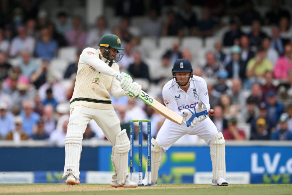 Usman Khawaja plays a cut shot during Australia’s second innings.