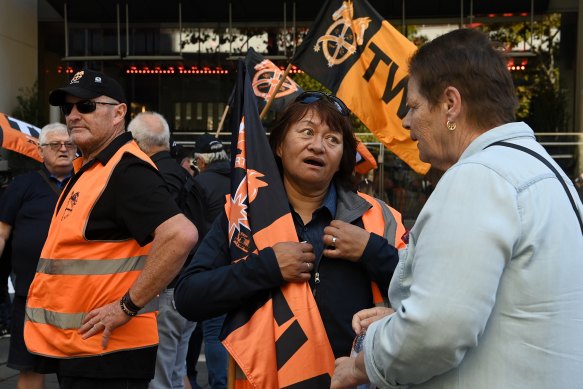 ‘We’re pushed to the max’: Bus driver Jacque Wilson, centre, at the rally in Martin Place on Monday.