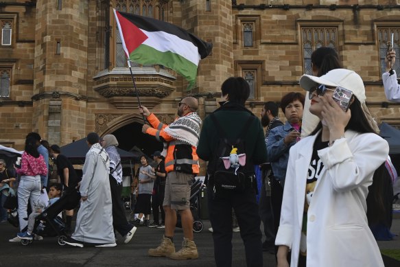 Students and supporters attend a rally protesting Israel’s war in Gaza at an encampment at the University of Sydney earlier this month.