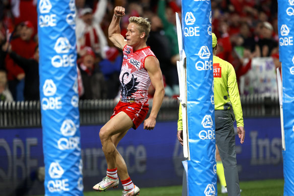 Isaac Heeney celebrates during Sydney’s win over Carlton.