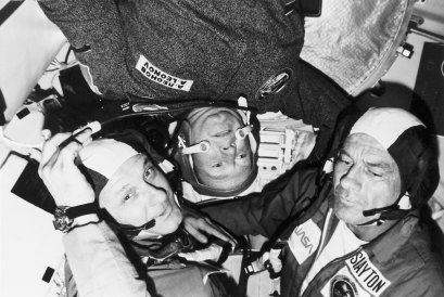 Stafford, Leonov and US astronaut Donald Slayton inside the Apollo-Soyuz spacecraft during the Russian-American “handshake in space”.