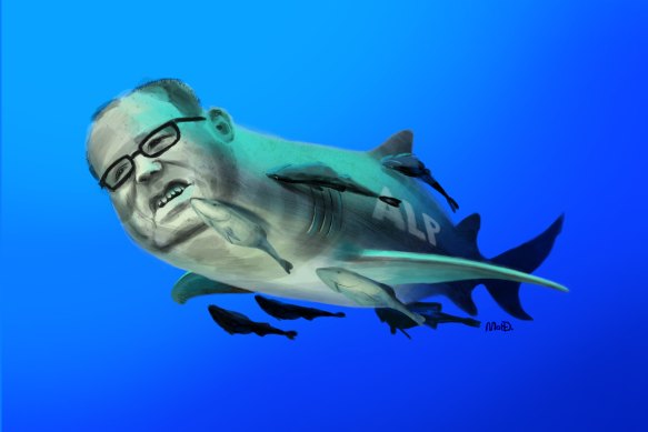 Adem Somyurek as a shark with several remora in tow.