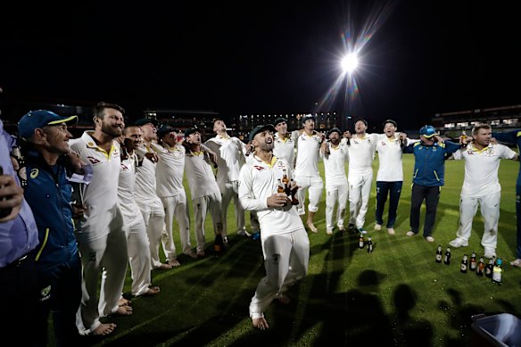 Nathan Lyon blasts a rendition of ‘Underneath the Southern Cross’ at Old Trafford during the 2019 Ashes.