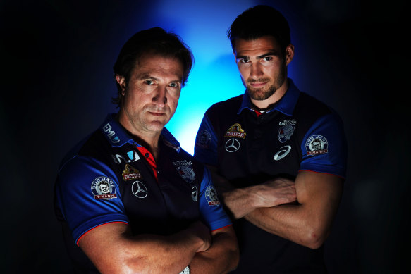 Bulldogs coach Luke Beveridge (left) and captain Easton Wood.