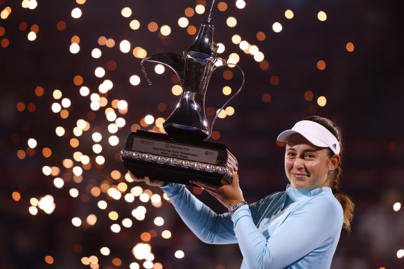 Jelena Ostapenko celebrates her Dubai win - for which she was paid five times less than her male counterpart will.