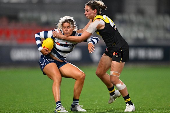 Georgie Prespakis fights off a tackler against Richmond.