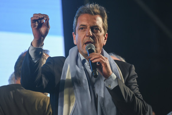 Sergio Massa, Argetnina’s economy minister and presidential candidate for the ruling party, speaks outside his campaign headquarters after general elections in Buenos Aires.