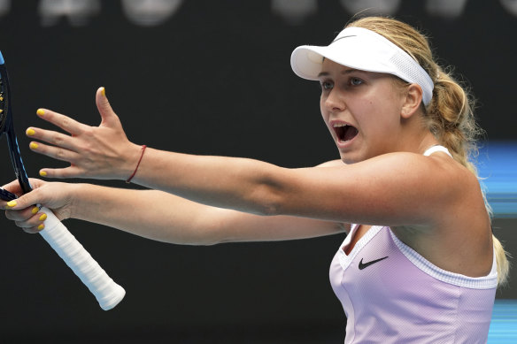 Russia's Anastasia Potapova reacts during a point against Serena Williams.