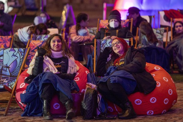 Neighbours fans Riya Patel and Josephine Crawford were among the first to get to Federation Square.