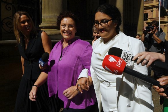 Kathleen Folbigg, centre, and her lawyer Rhanee Rego, right, outside the NSW Supreme Court in Sydney on Thursday.