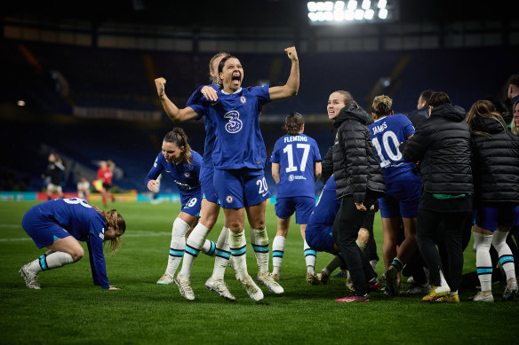 Sam Kerr celebrates Chelsea’s penalty shootout win over Lyon in the Champions League quarter-finals.