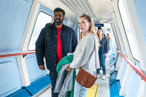 Romesh Ranganathan as Deacon and Katherine Ryan as Allison in <i>Romantic Getaway</i>.