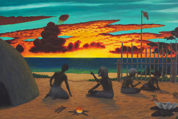 Our Culture is Important by Meriam Elder and artist Segar Passi (2012). It shows knowledge of the sky being taught to  younger generations.