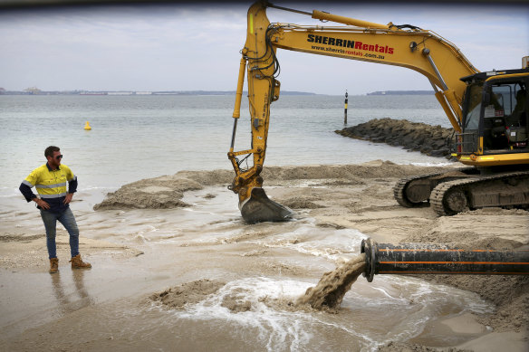 Engineers and labourers are using heavy machinery to undertake erosion remediation works around the shores of Botany Bay at Ramsgate.